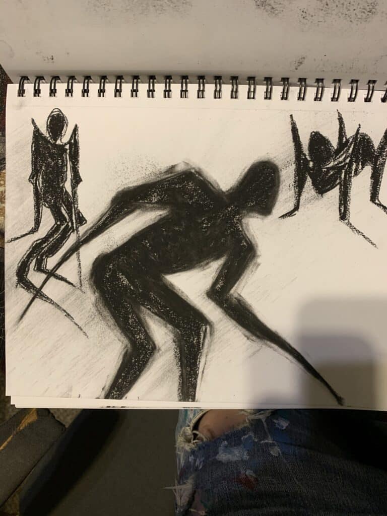 realistic demonic drawing, shadow figures