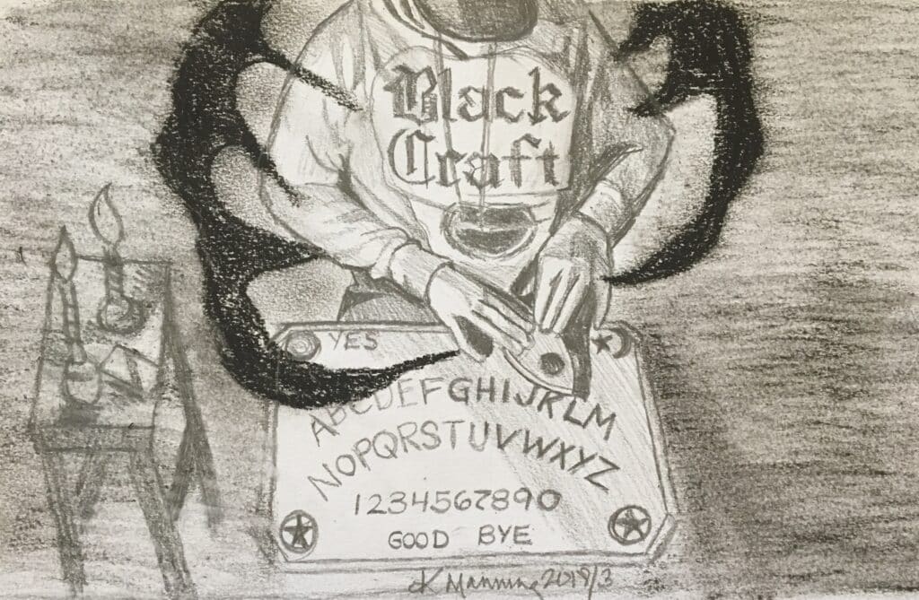 demonic drawing of Tim Wood surround by dark energy on ouija board