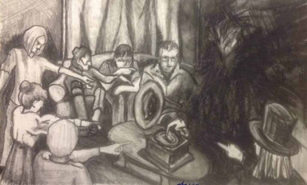 realistic demon drawing of demon playing record at welles house