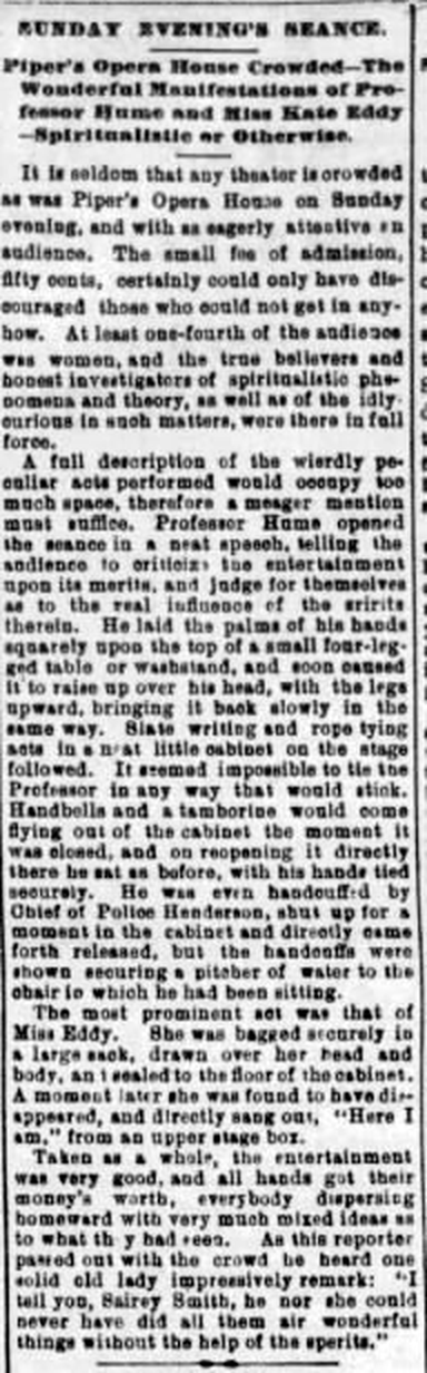 September 13, 1887 Territorial Enterprise account of Sunday's spiritualist séance