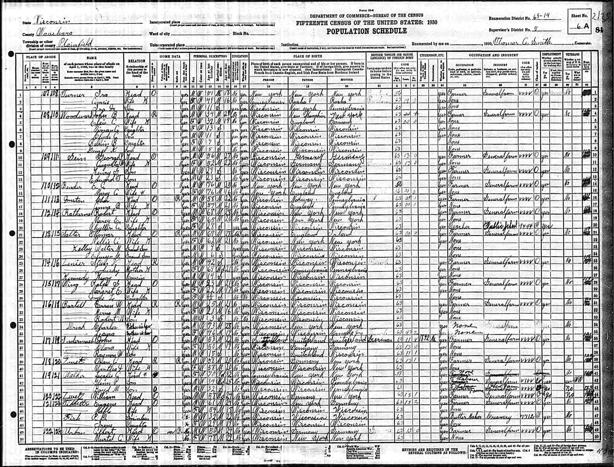 Original 1930 United States Census record including Ed Gein and family in Wisconsin