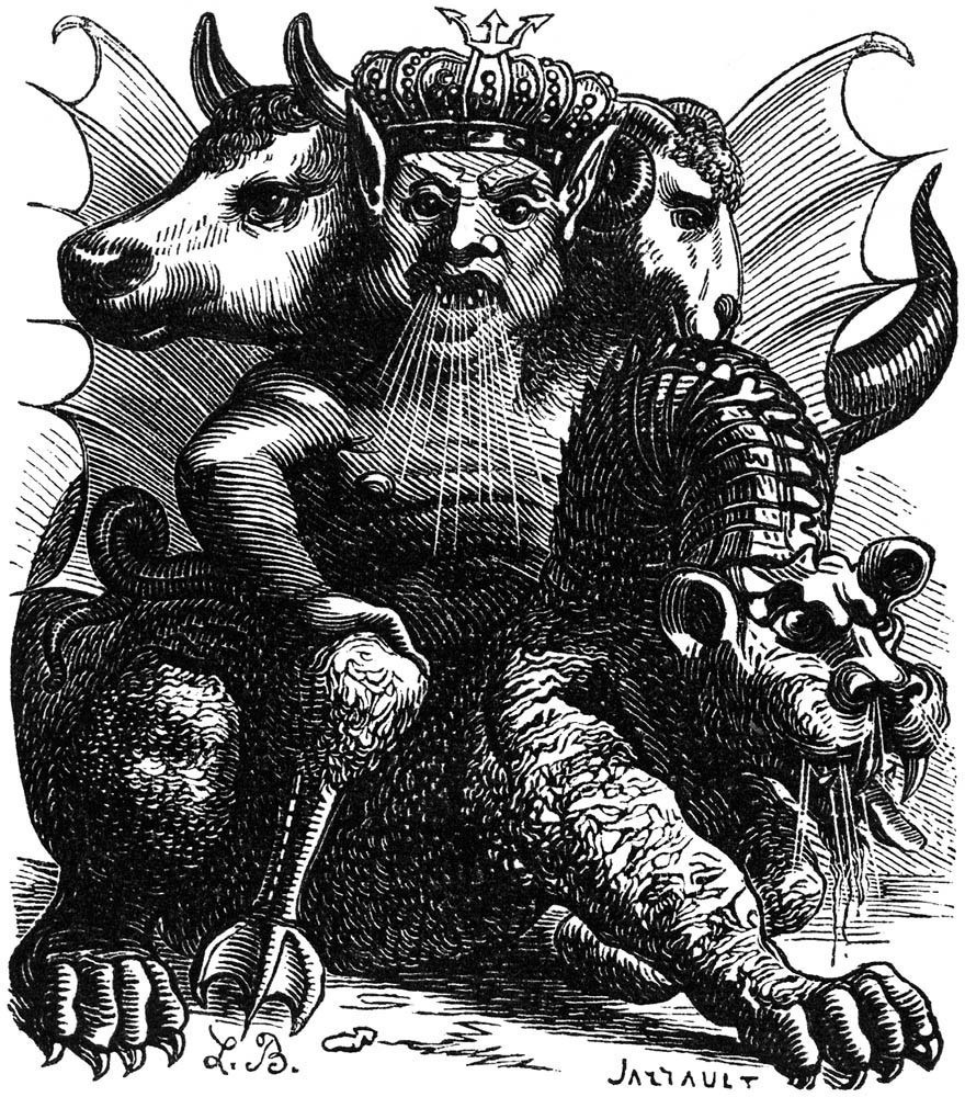 Three-headed Asmodeus in Louis Le Breton’s 1863 demon illustration