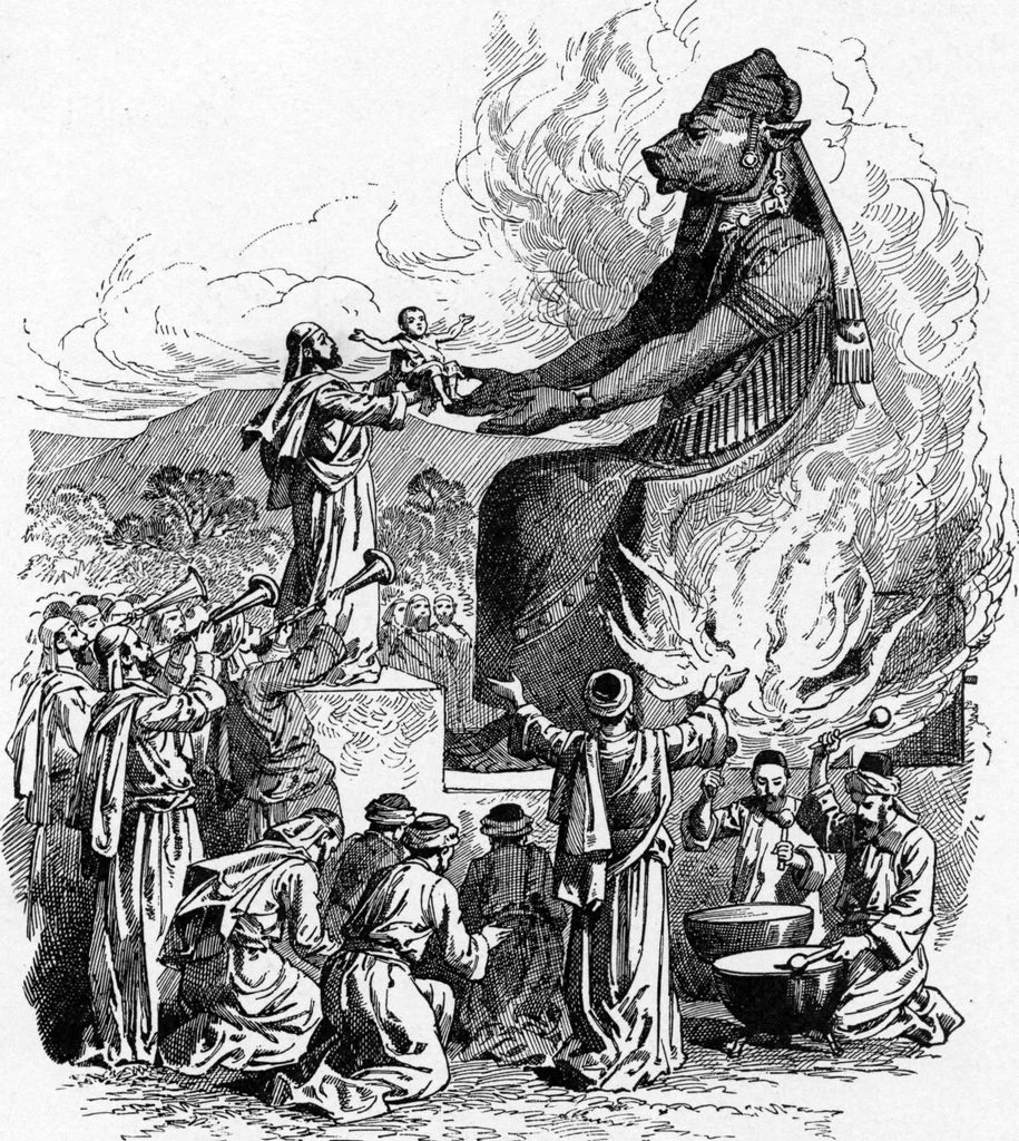 Nineteenth-century illustration of an offering before a calf-headed Molech idol