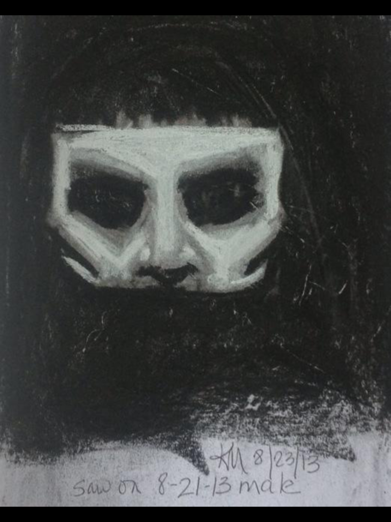 2013 psychic sketch by Kristin Manning of a pale, mask-like face with dark hair, reportedly perceived before and during a Washoe Club visit.