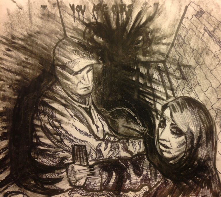 Psychic sketch by Kristin Manning depicting a dark figure near two people during an earlier Washoe Club investigation involving Mark and Debbie Constantino.