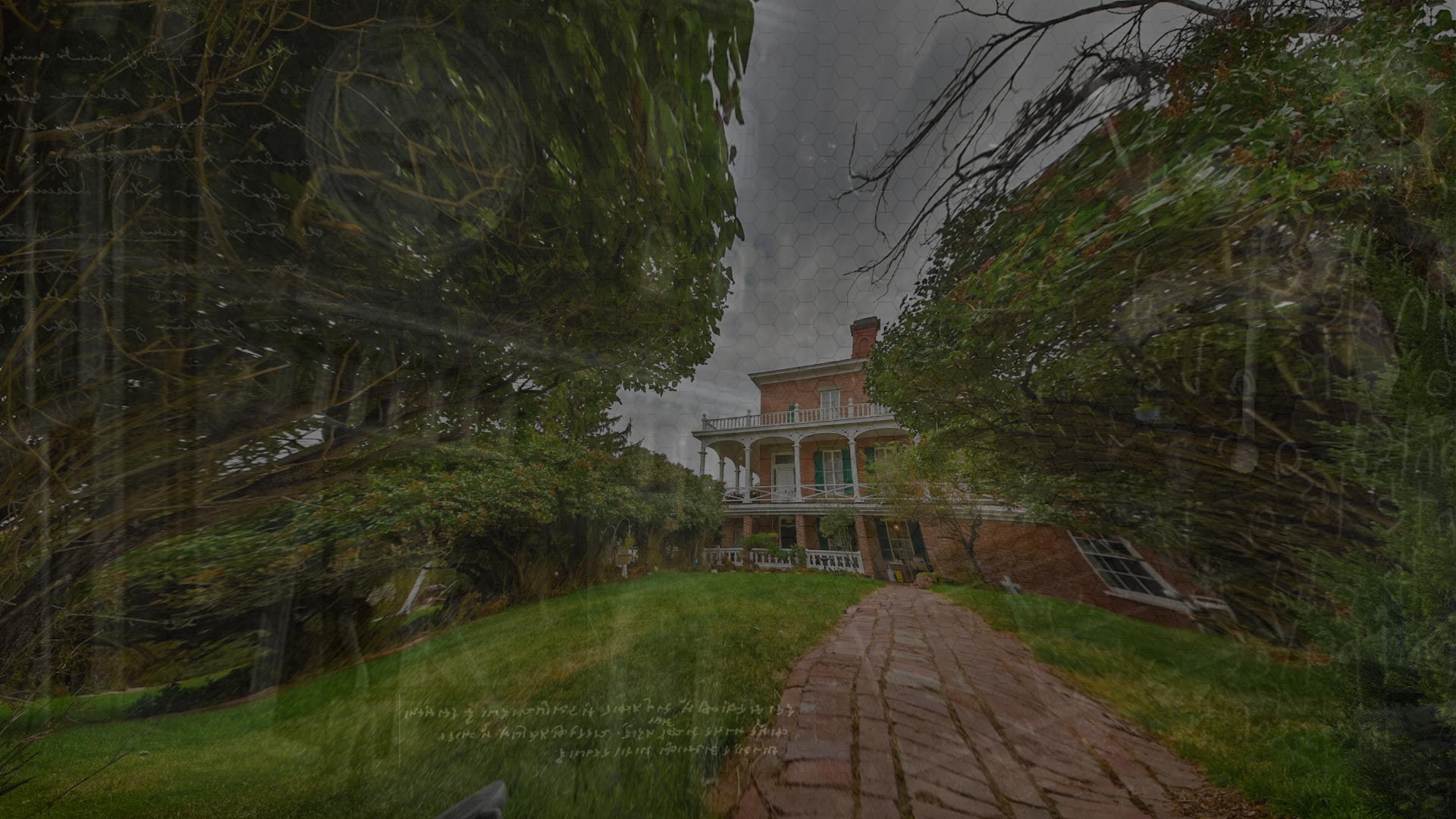 Mackay Mansion in Virginia City surrounded by trees, with a dark paranormal-themed treatment