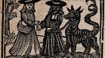 Historical demon and witch woodcut, illustrative artwork