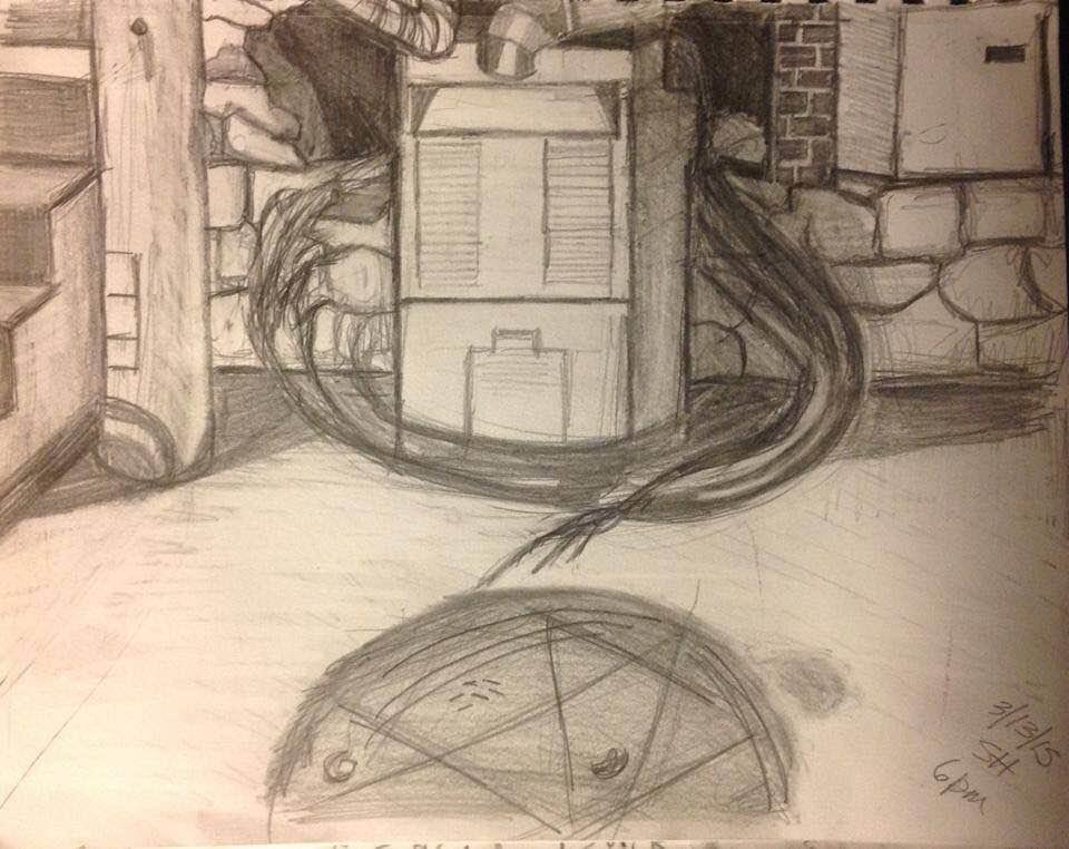 Kristin Manning's 2015 psychic sketch depicting the Sallie House basement pentagram and dark swirling forms