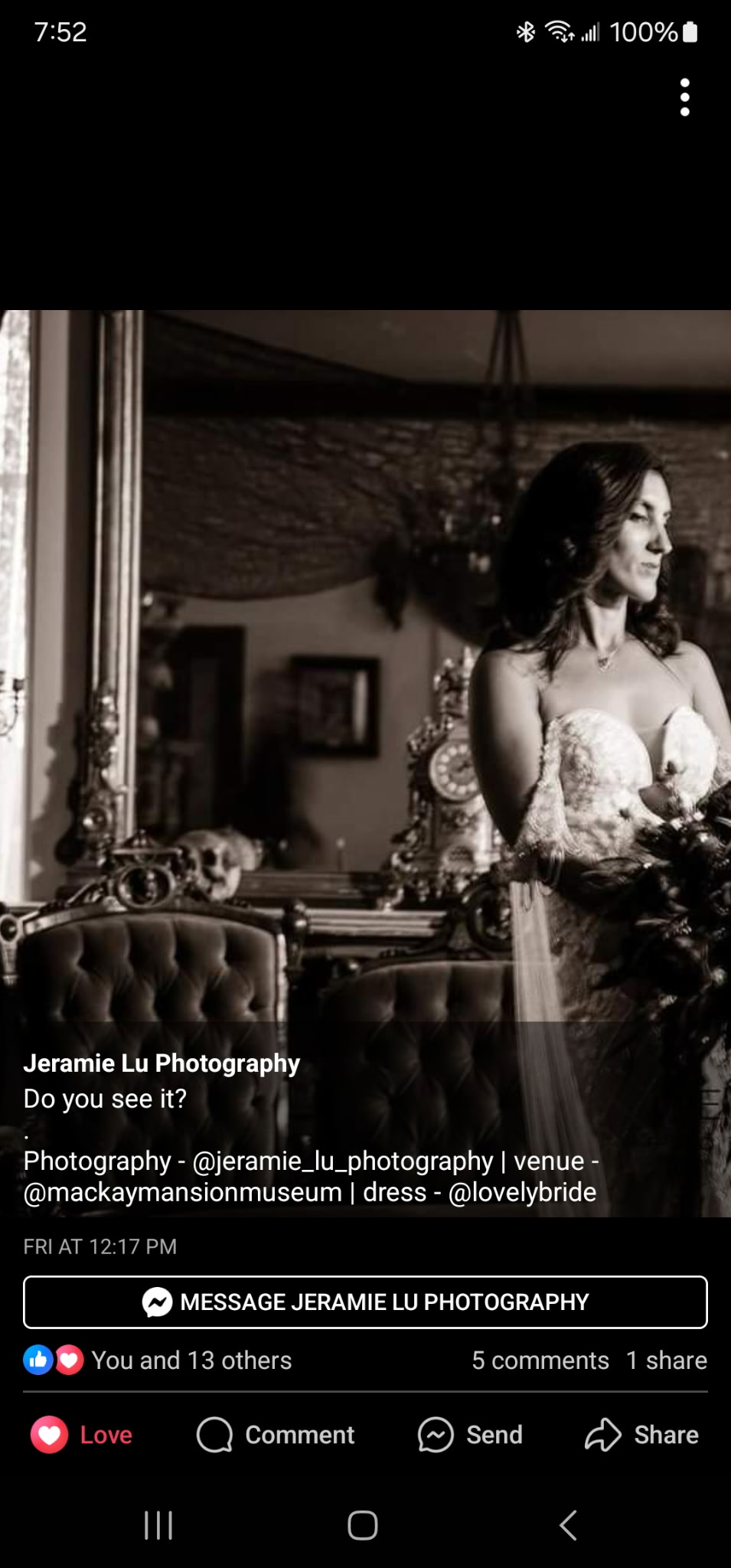 Screenshot of wedding portrait credited to Jeramie Lu Photography, with a shadow-like shape visible in a mirror