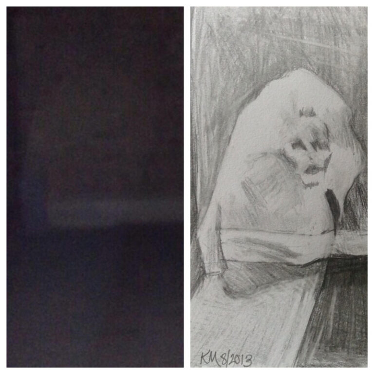 Low-light screenshot paired with a 2013 psychic sketch by Kristin Manning of a woman-like figure reportedly perceived at the Washoe Club.