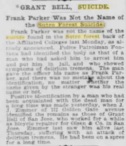 Archival clipping relating to the 1899 Sutro Forest death report and the identification of Grant Bell