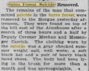 Historical newspaper material documenting death reports in Sutro Forest in early San Francisco