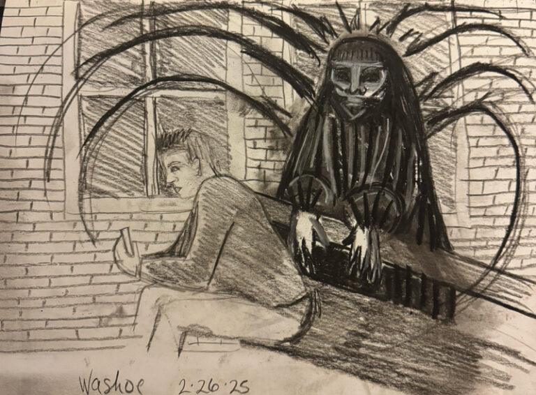 Kristin Manning's February 26 2025 Washoe Club drawing of a pale-faced dark figure with long spider-like limbs behind another person.