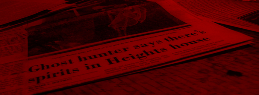 Red-tinted Welles House newspaper archive showing the house and its reported haunting
